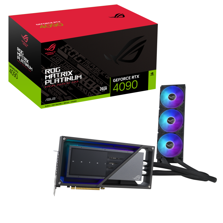 ROG Matrix GeForce RTX 4090 Platinum edition packaging with graphics card