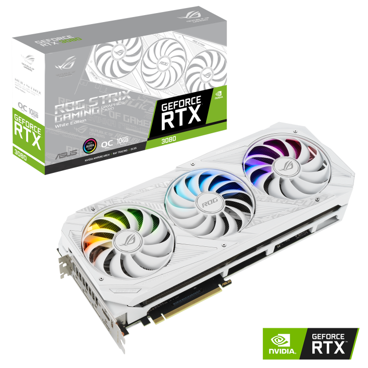 ROG-STRIX-RTX3080-O10G-WHITE graphics card and packaging with NVIDIA logo