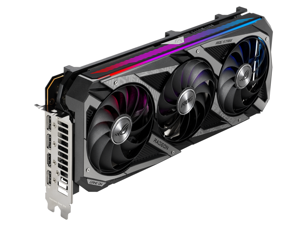 ROG Strix Radeon™ RX 6750 XT OC Edition graphics card highlighting the fans, angled top down view , ARGB element, and I/O ports