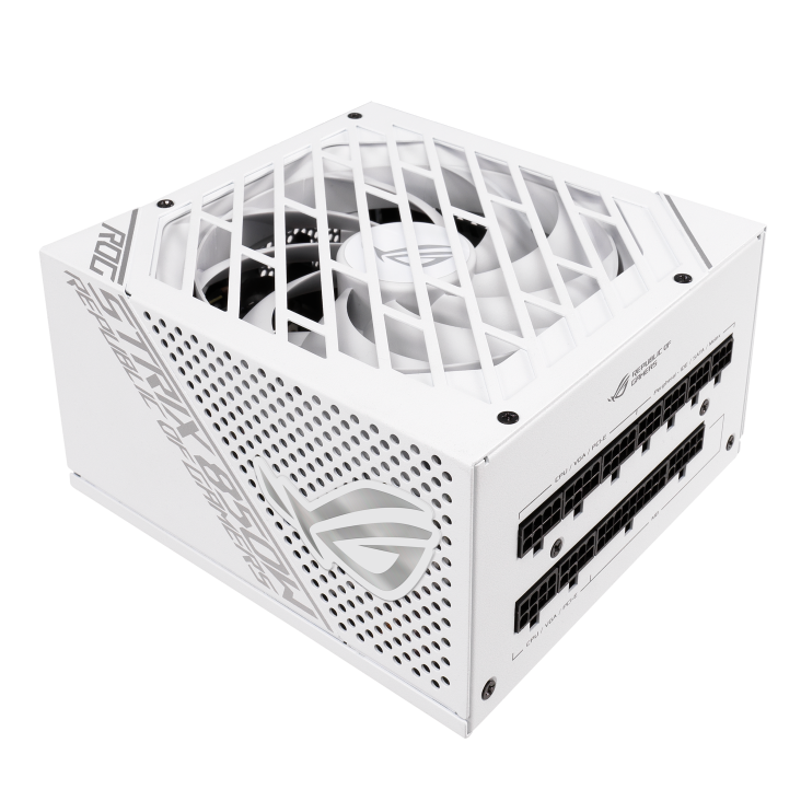 Top-down angle of ROG Strix 850W Gold White Edition with fan and power connectors visible