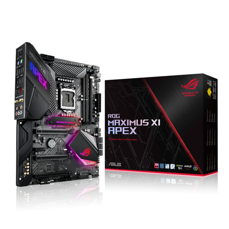 ROG MAXIMUS XI APEX angled view from left with the box