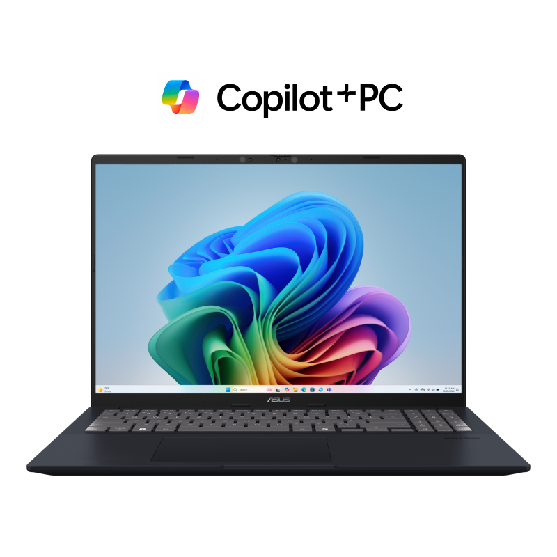 ASUS Vivobook 16 opened at 90-degree from the front view with JS wallpaper.