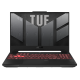 2023 TUF Gaming A15 Front view of the TUF A15, with the TUF logo on screen and the keyboard illuminated in red