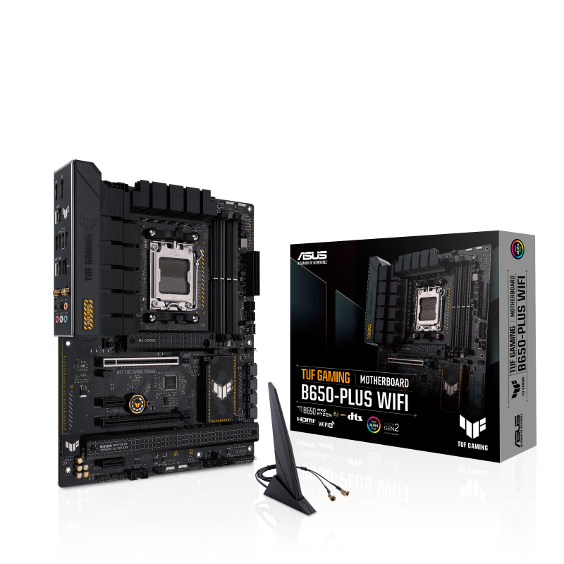 TUF GAMING B650-PLUS WIFI front view, 45 degrees, with WiFi antenna and color box
