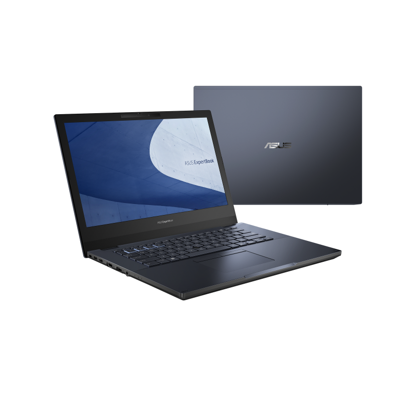 An angled front view of an ASUS ExpertBook B2, superimposed on an overhead view of an ASUS ExpertBook B2 showing its Star Black lid.