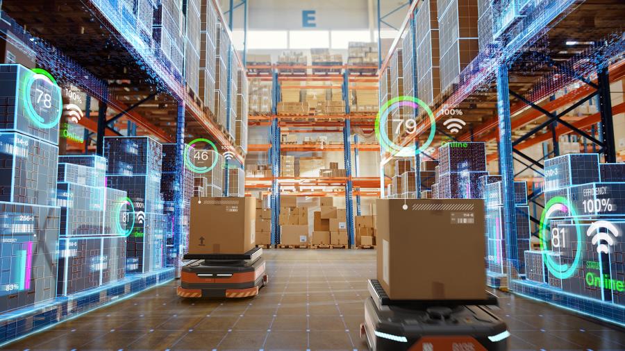 AGV is moving in a warehouse with logistic insights