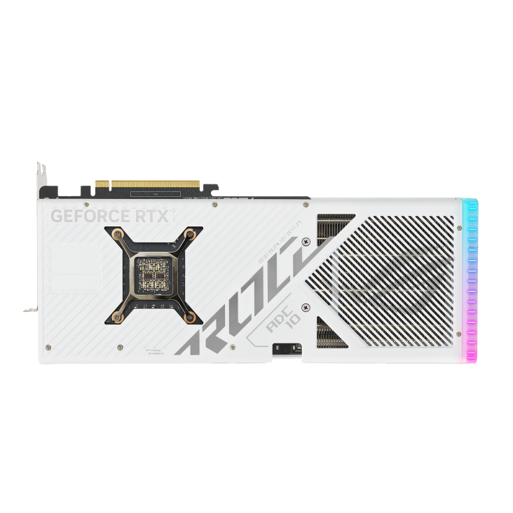 Rear view of the ROG Strix GeForce RTX 4080 SUPER white edition graphics card