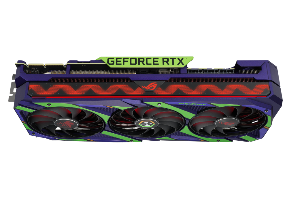 Angled top view of the ROG Strix GeForce RTX 3090 EVA Edition graphics card showing off the ARGB element and 2.9-slot design