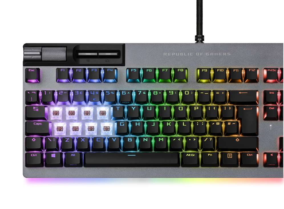 ROG Strix Flare II Animate close-up on left portion with eight keycaps removed, exposing the switches