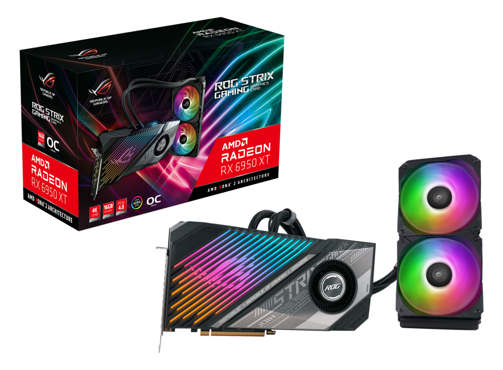 ROG Strix LC Radeon RX 6950 XT packaging and graphics card