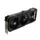 TUF GAMING AMD Radeon RX 6700 XT OC Edition graphics card, angled top down view, highlighting the fans, I/O ports