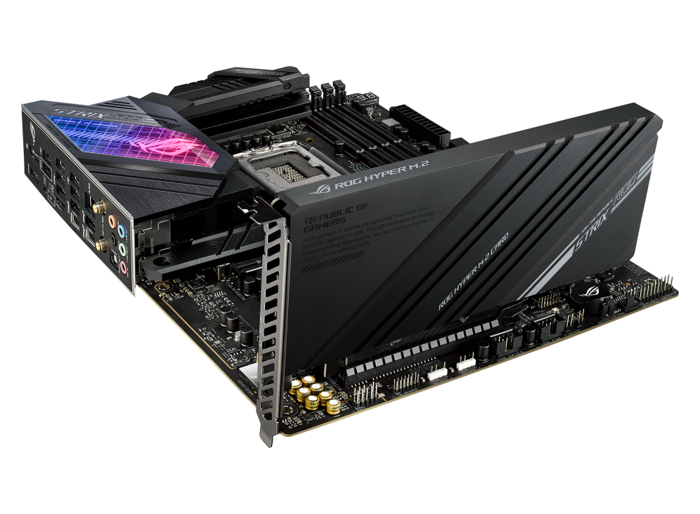 ROG STRIX Z690-E GAMING WIFI top and angled view from right with M.2 card installed