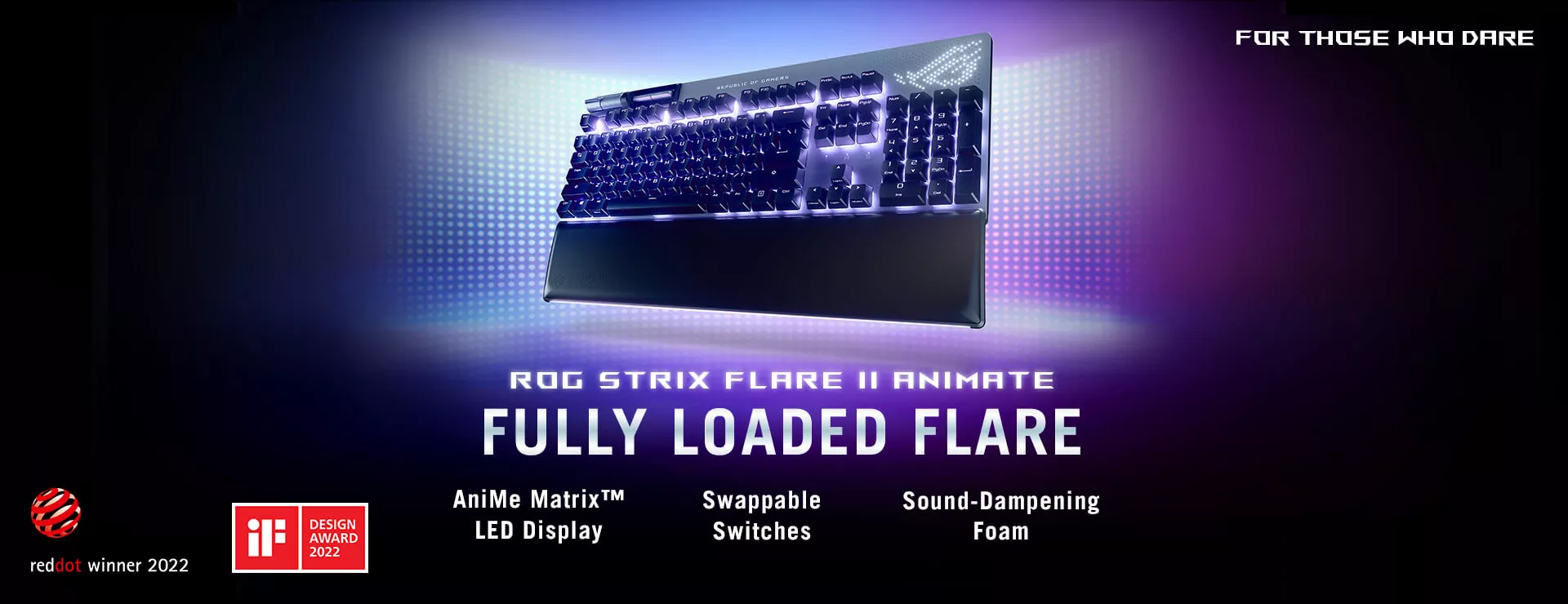 ROG Strix Flare II Animate gaming keyboard product photo in a neon light wall backgound with reddot award and IF design award logos