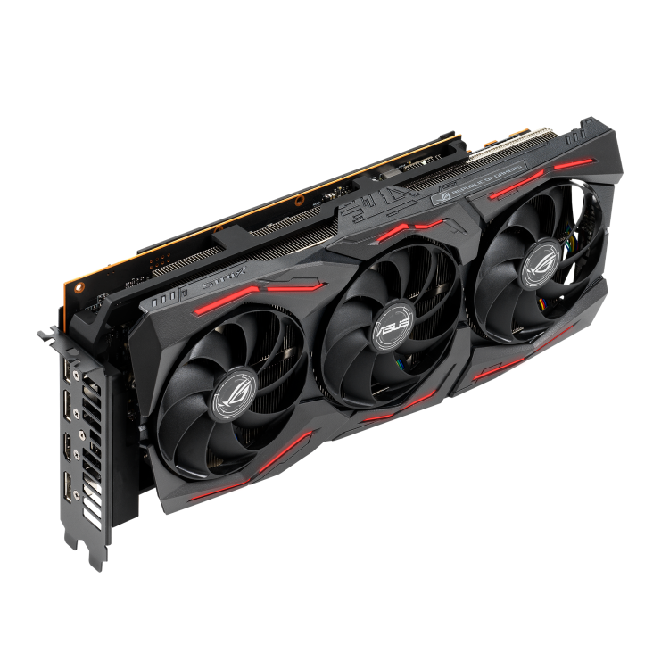 ROG-STRIX-RX5600XT-O6G-GAMING graphics card, angled top down view, highlighting the fans, ARGB element, and I/O ports