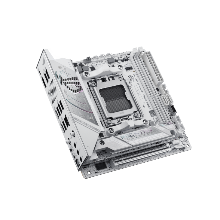 ROG STRIX B850-I GAMING WIFI7 W top-down view, tilted 45 degrees to the right