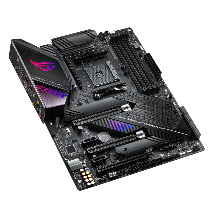 ROG Strix X570-E Gaming top and angled view from left