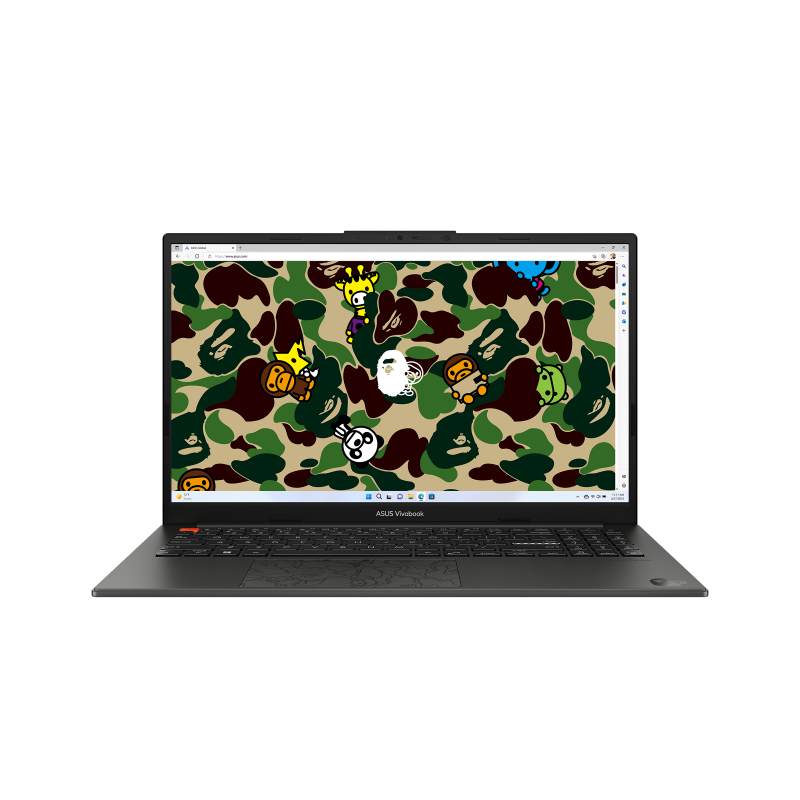 Black Vivobook S 15 OLED BAPE Edition (K5504) display opened from the front view.