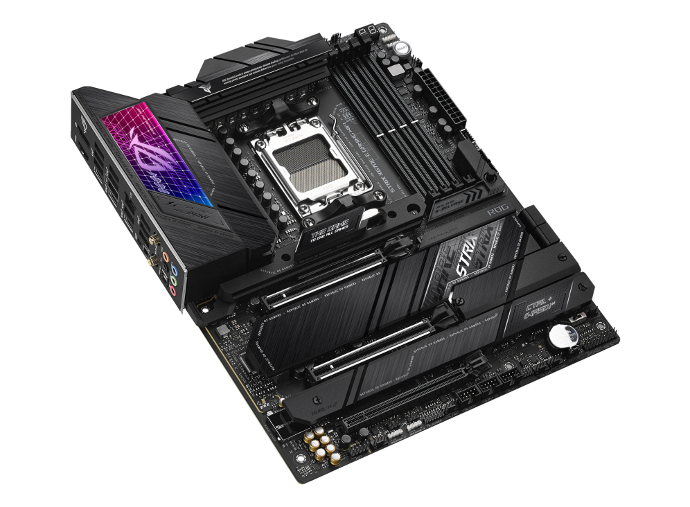 ROG STRIX X670E-E GAMING WIFI top and angled view from left