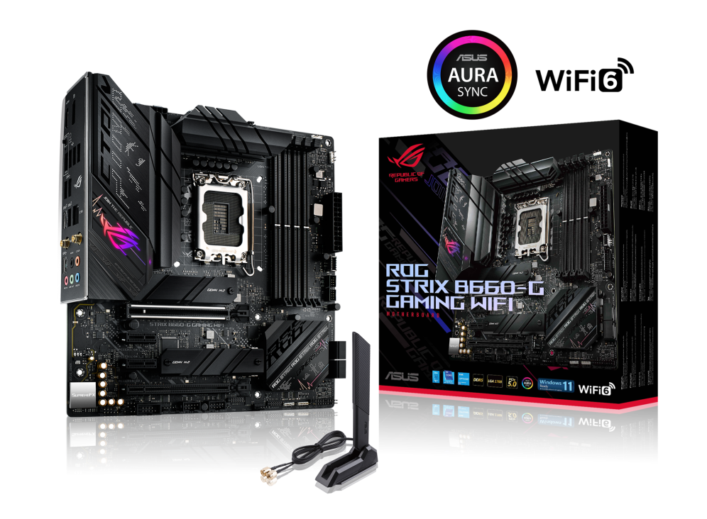 ROG STRIX B660-G GAMING WIFI angled view from left with the box and Aura Sync
