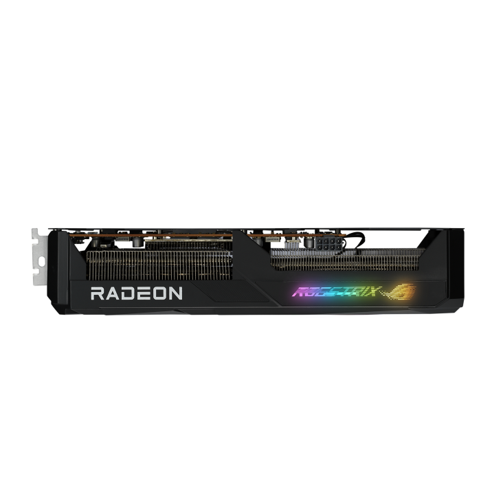 ROG STRIX Radeon RX 7600 OC Edition angled top down view with the focus on ARGB