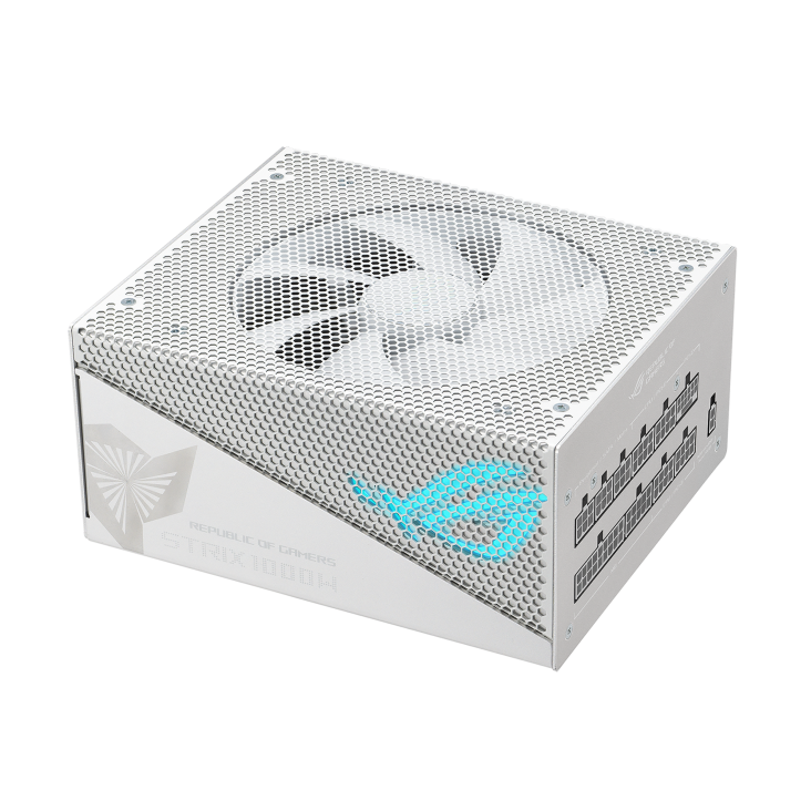 Front-side angle of ROG Strix 1000W Gold Aura White Edition