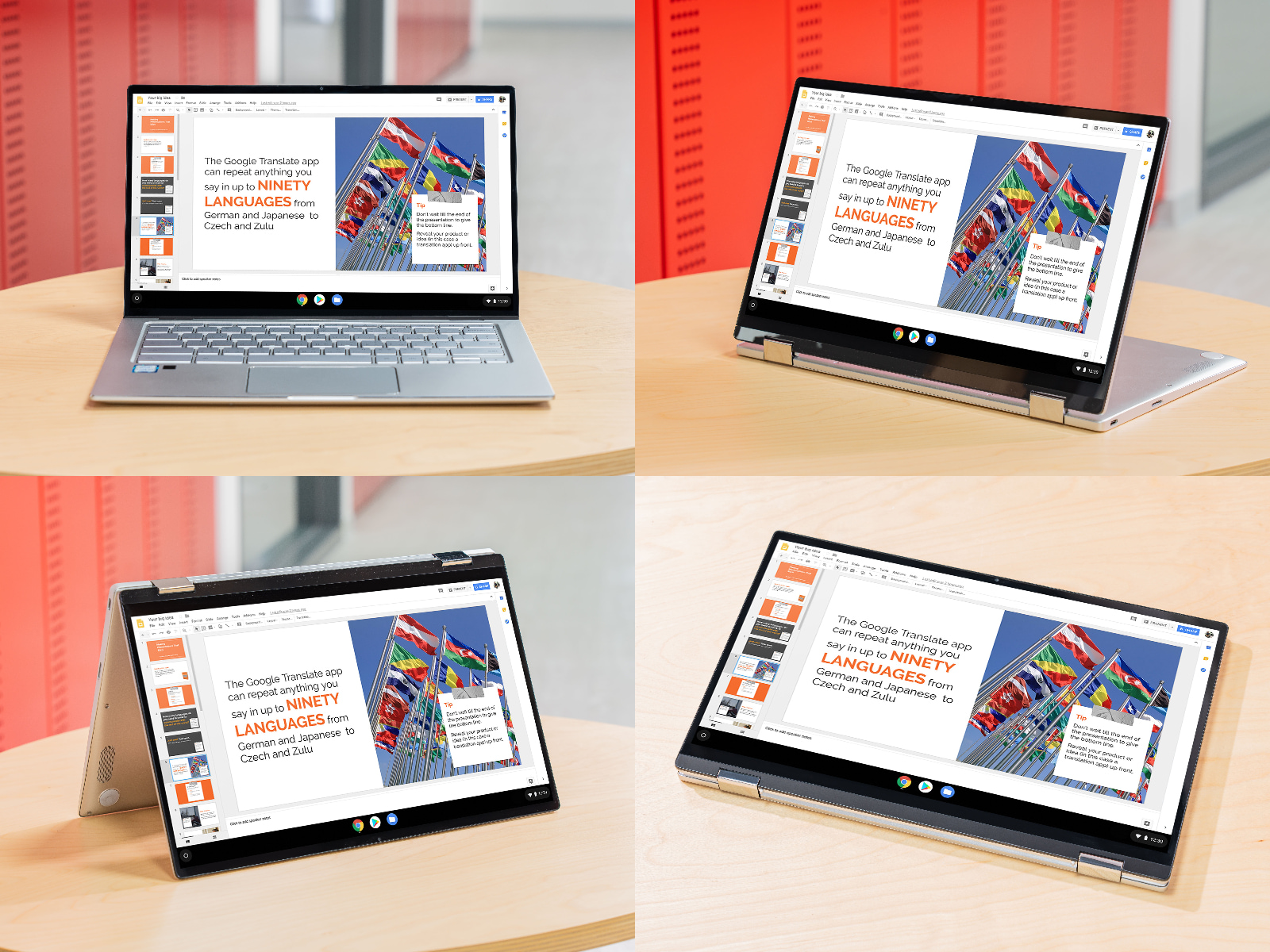 ASUS Chromebook Flip C434擁有360度可翻轉觸控設計，學生可使用筆電模式打報告、平板模式繪圖手寫筆記，或用帳篷模式與同學進行分組討論