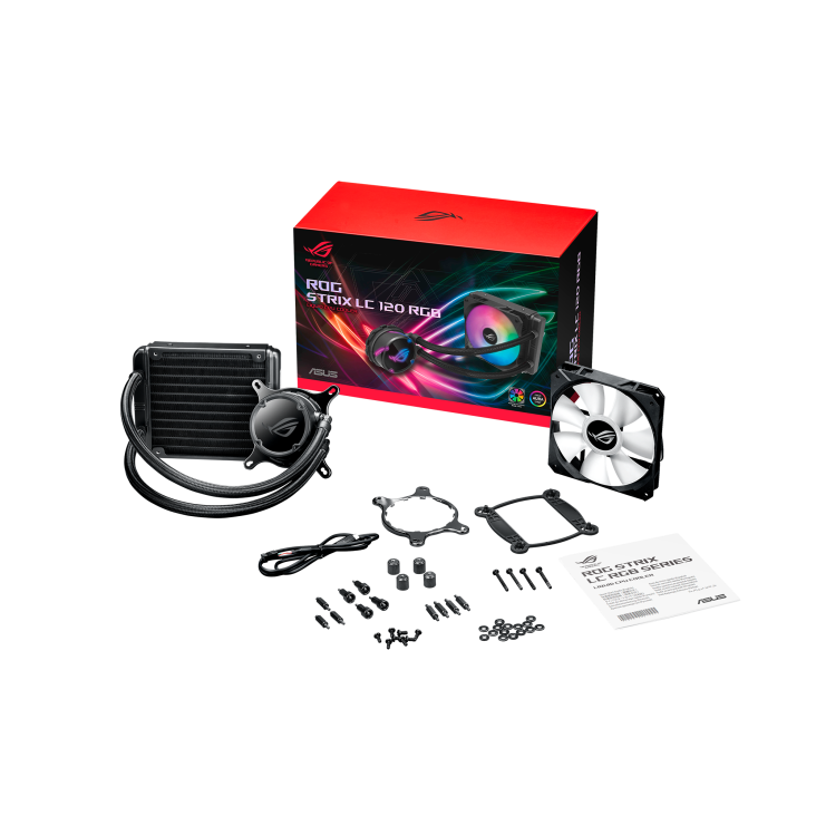ROG STRIX LC 120 RGB front view with what’s in the box