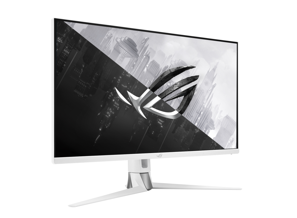 ROG Swift PG329Q-W product photo with front, back, side and tilt angle.