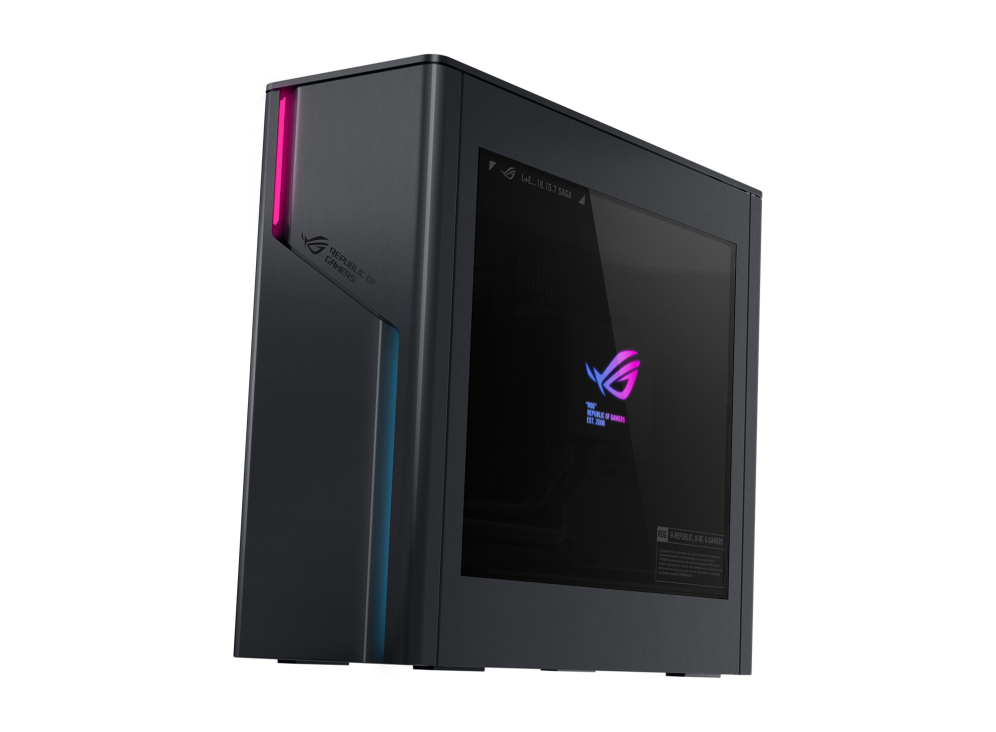 Off center shot of the front of the ROG G22CH, with the aura sync light bar and liquid cooler showing with a transparent side panel