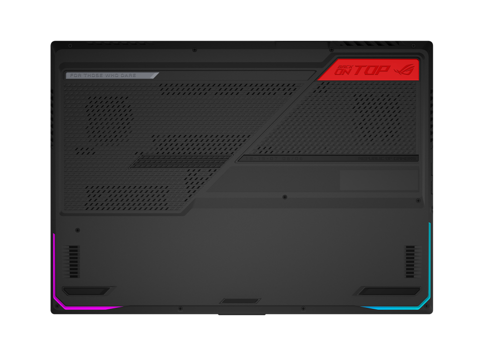 Bottom view of the ROG Strix G17 Advantage Edition, with emphasis on the red rubberized accents.