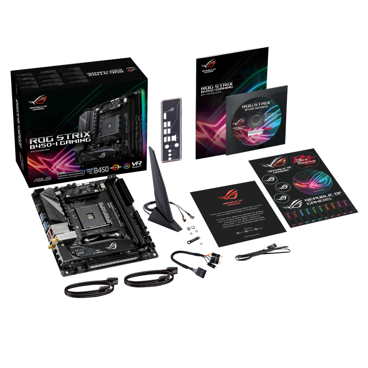 ROG STRIX B450-I GAMING top view with what’s inside the box