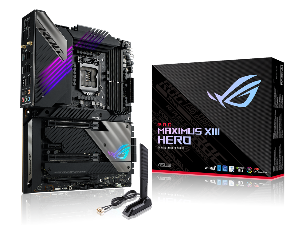 ROG MAXIMUS XIII HERO angled view from left with the box