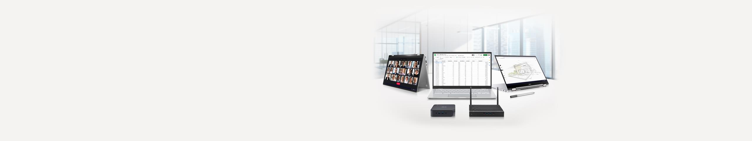 Tre ASUS Chromebook, en ASUS Pen, en Chromebox och en WiFi-router visas. Den vänstra är i tältläge med Google Meet på skärmen. Den mittersta är i bärbart läge med Excel-kalkylblad på skärmen. Den högra är i stående läge med Google Canvas på skärmen.