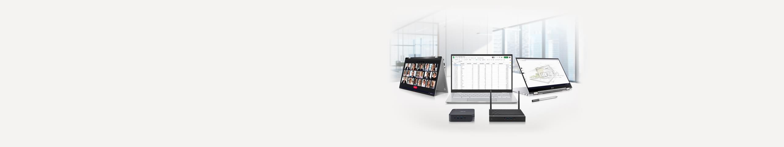 Trois ASUS Chromebook, un ASUS Pen, un Chromebox et un routeur WiFi sont illustrés. Celui de gauche est en mode tente avec Google Meet à l’écran. Celui du milieu est en mode ordinateur portable avec une feuille de calcul Excel à l’écran. Celui de droite est en mode vertical avec Google Canvas à l’écran.