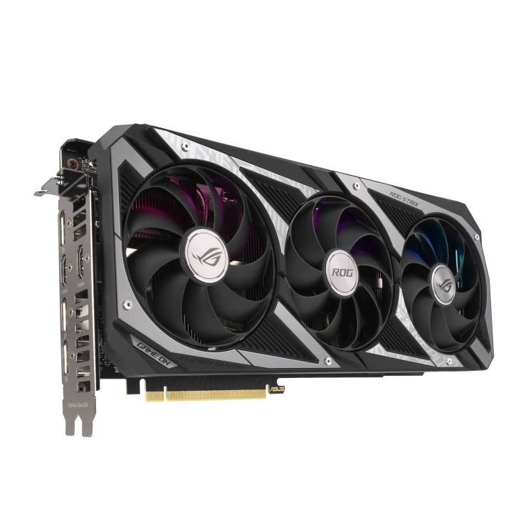 ROG-STRIX-RTX3060-O12G-V2-GAMING graphics card, angled top down view, highlighting the fans