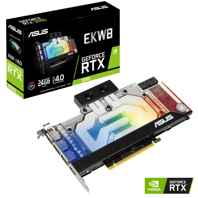 EKWB GeForce RTX 3090 Packaging and graphics card with NVIDIA logo