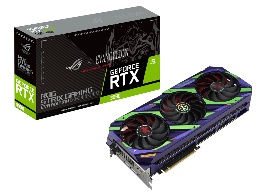 ROG Strix GeForce RTX 3090 EVA Edition packaging and graphics card