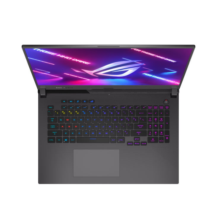 Top down view of the Eclipse Gray ROG Strix G17, with keyboard illuminated and ROG logo on screen.