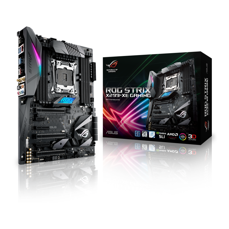 ROG STRIX X299-XE GAMING angled view from left with the box