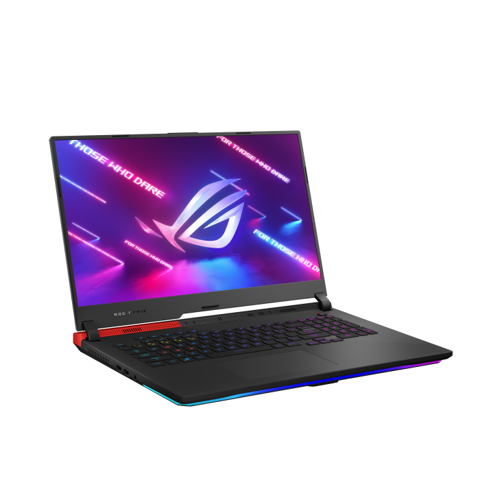 Off center front view of the Original Black ROG Strix G17, with the ROG logo on screen and keyboard illuminated.