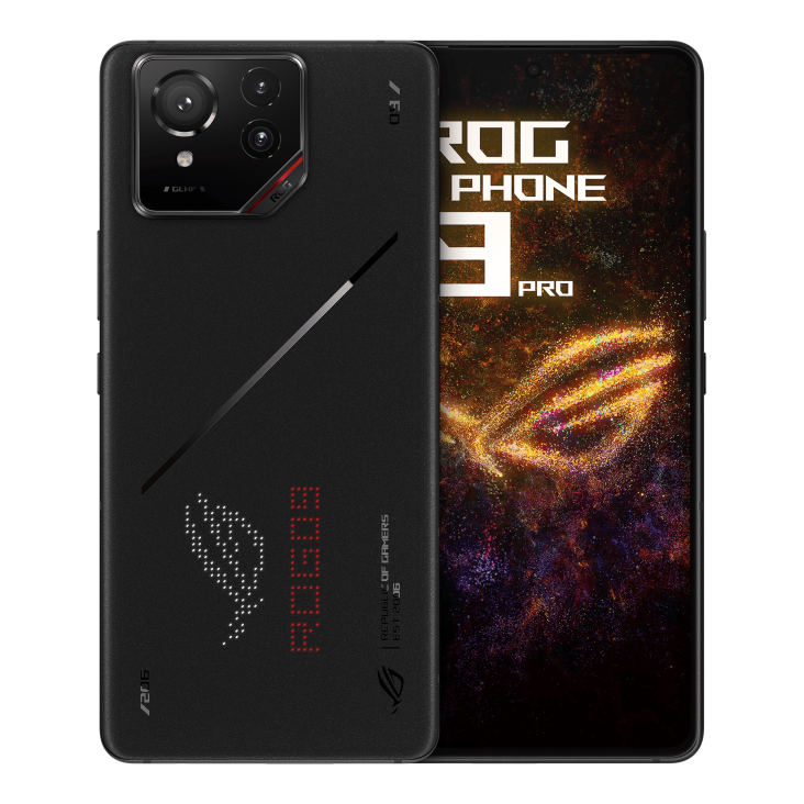 Two ROG Phone 9 Pro Phantom Black angled view from both front and back.