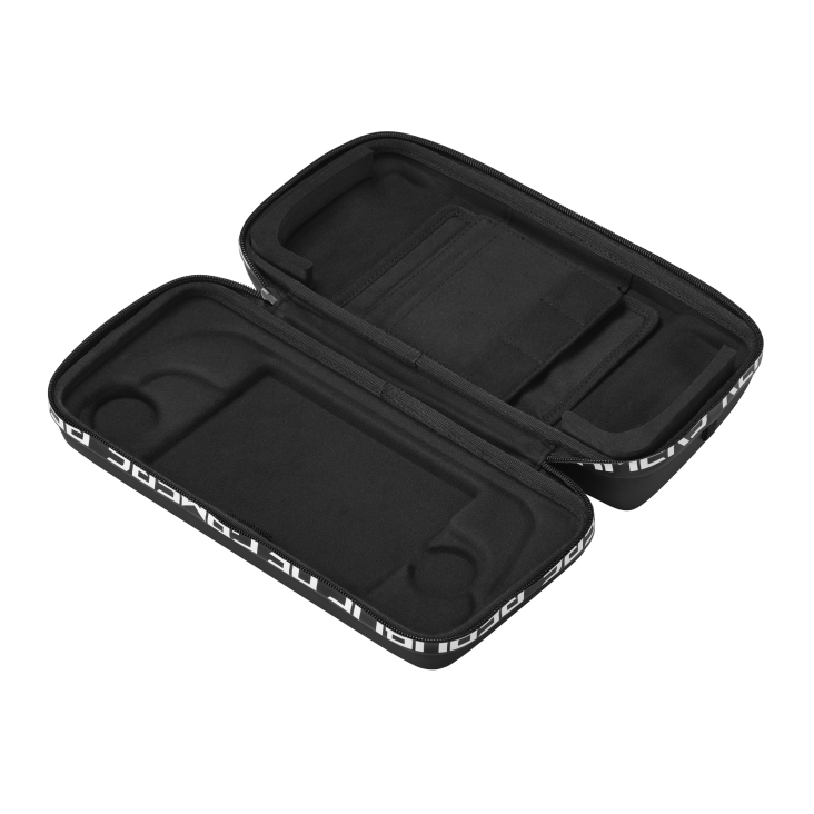 An open, black zippered case with a soft interior and empty compartments on a dark background