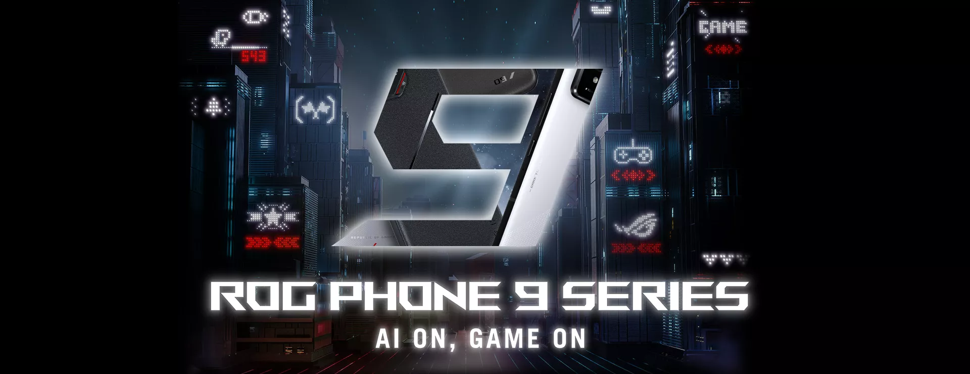 A digital cityscape with a large metallic '9' showcasing the ROG Phone 9. The text reads 'ROG Phone 9 Series' and 'AI ON, GAME ON' with retro-style icons in the background