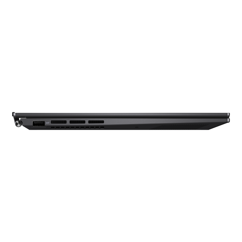 Black ASUS Zenbook 14 with the cover closed is shown from the left side. 