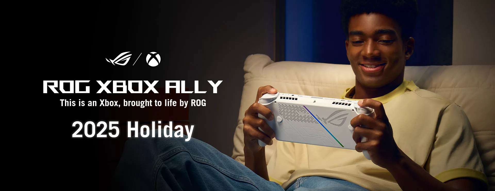 Person holding a white ROG Xbox handheld on a sofa, with ROG XBOX ALLY and 2025 Holiday text