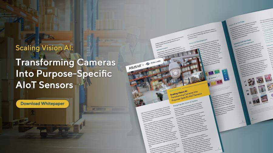 Left side of the image shows warehouse workers handling boxes with text that reads “Scaling Vision AI: Transforming Cameras Into Purpose-Specific AIoT Sensors.” A yellow button labeled 'Download Whitepaper' is prominently placed. Right side of the image features an open booklet with detailed information on the topic.