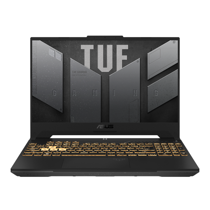 2022 TUF Gaming f15 Front view of the TUF f15, with the TUF logo on screen and the keyboard illuminated in yellow