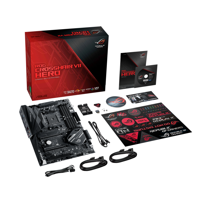 ROG CROSSHAIR VII HERO top view with what’s inside the box