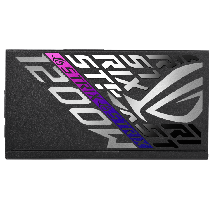 Right side of ROG Strix 1200W Platinum with purple customized sticker attached