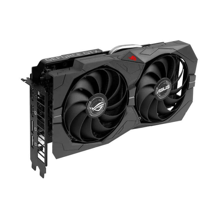 ROG-STRIX-GTX1660S-O6G-GAMING graphics card, angled top down view, highlighting the fans, ARGB element, and I/O ports